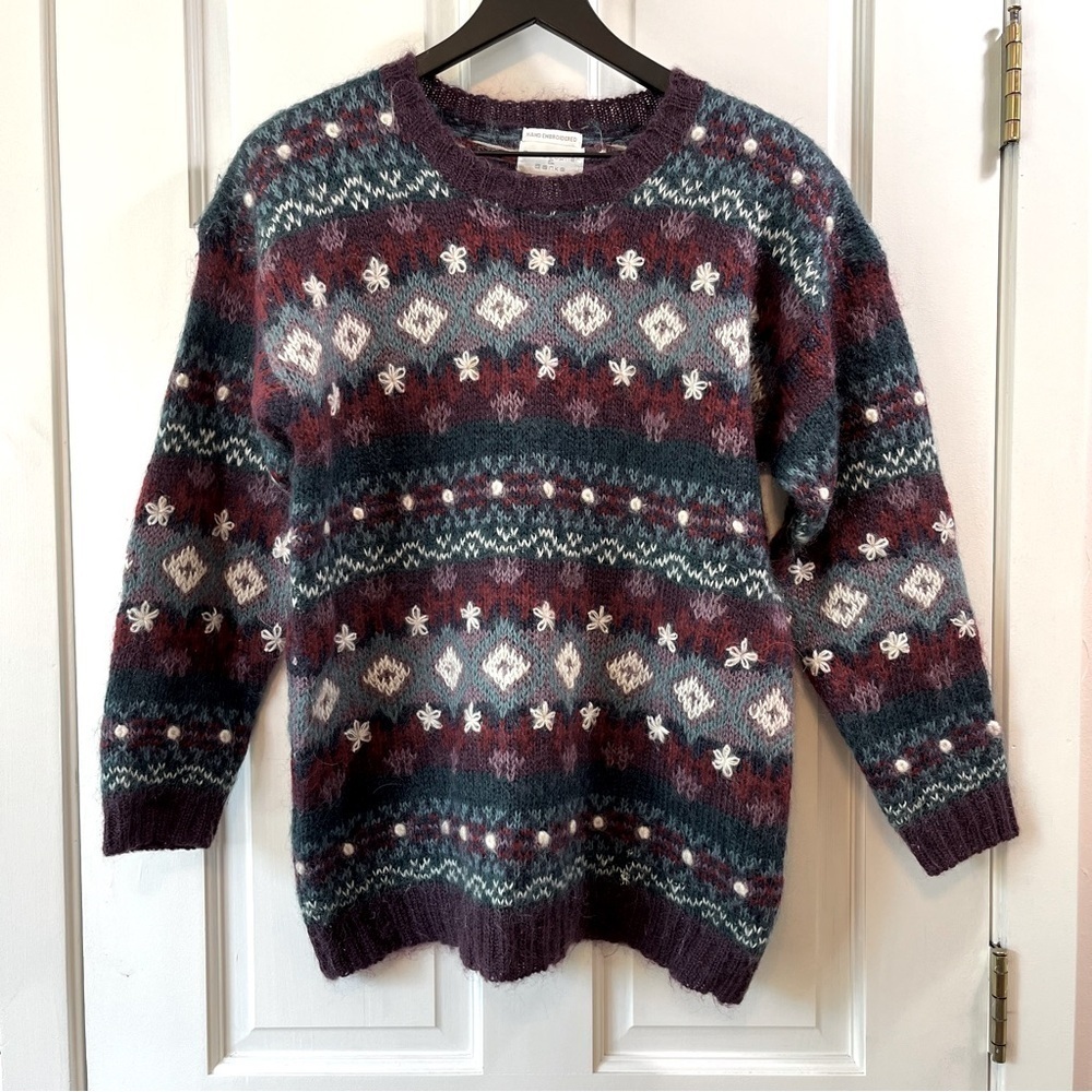 Vtg Christopher & Banks Hand Embroidered Mohair Wool Mock Neck Sweater - Size S